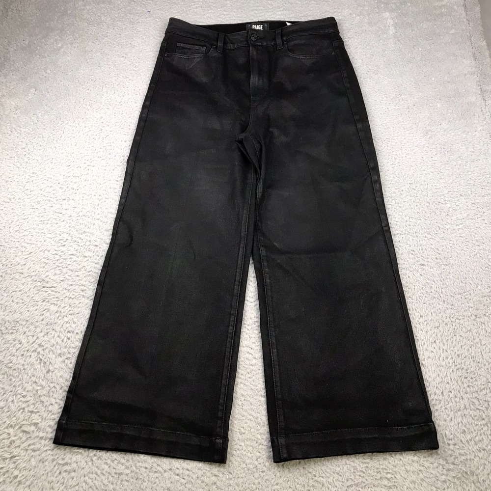 Paige Anessa Jeans Womens 31 (32x25) Black High Rise Wide Leg Crop Stretch Denim